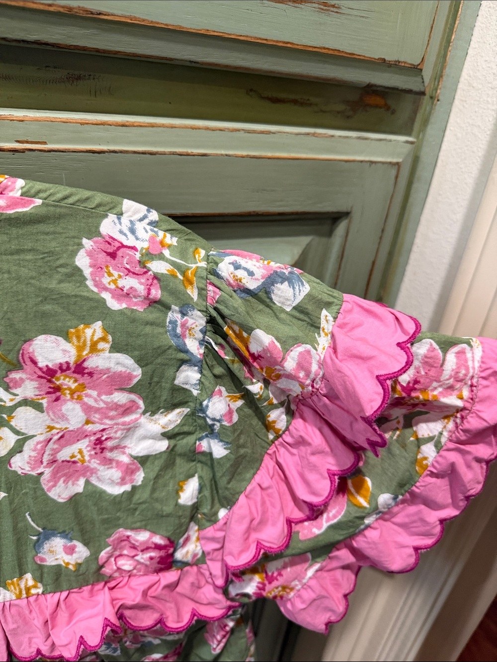 THML Olive Green Floral Pajama Top with Bright Pink Ruffle - Picture 4 of 6